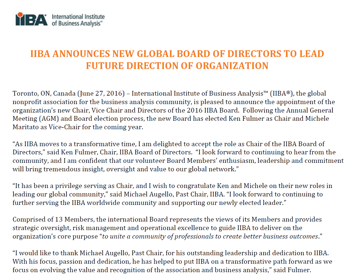 IIBA® Announces new global Board of Directors
