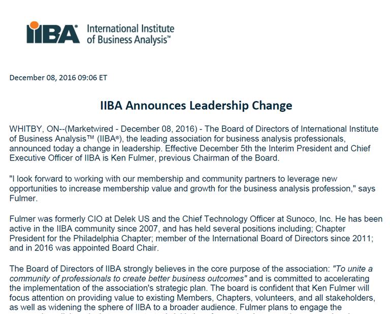 IIBA® board announces a change in leadership