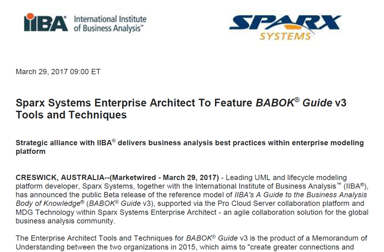 Sparx Systems Enterprise Architect to feature BABOK® Guide v3