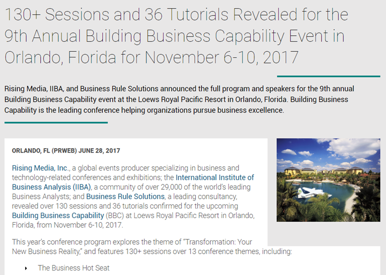 IIBA®, Rising Media and Business Rule Solutions announces event